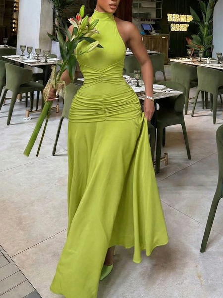 

Urban Plain Gathered Mock Neck Maxi Dress, Green, Maxi Dresses