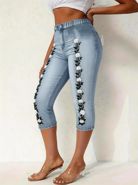 

Women 3D Printing Capris Elastic Waist Pants Casual Summer Trousers, Denim blue, Shorts