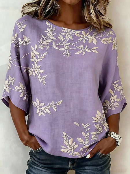 

Women 3D Printing Crew Neck Half Sleeve Shirt Vintage Daily Summer Top, Purple, Blouses