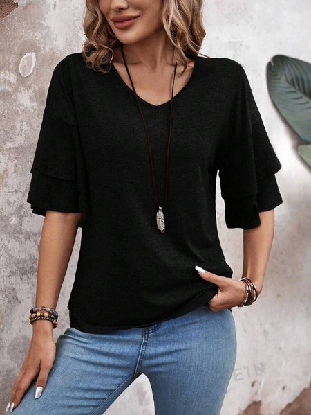 

Women Plain Short Sleeve Tee T-shirt V Neck Split Joint Casual Summer Top, Black, T-Shirts