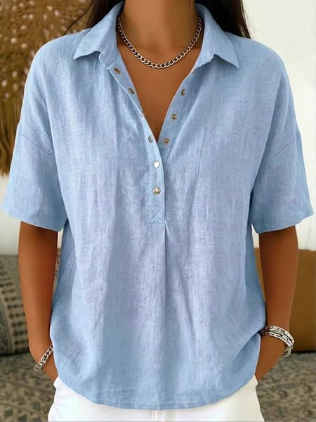 

Shirt Collar Short Sleeve Plain Regular Loose Shirt For Women, Blue, Shirts