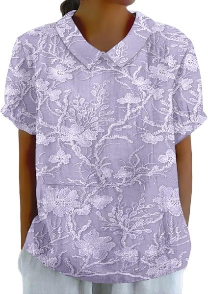 

Shawl Collar Short Sleeve Floral Regular Loose Shirt For Women, Purple, Shirts