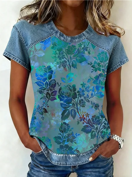 

Vintage Floral Crew Neck Short Sleeve T-shirt, Blue, T-shirts