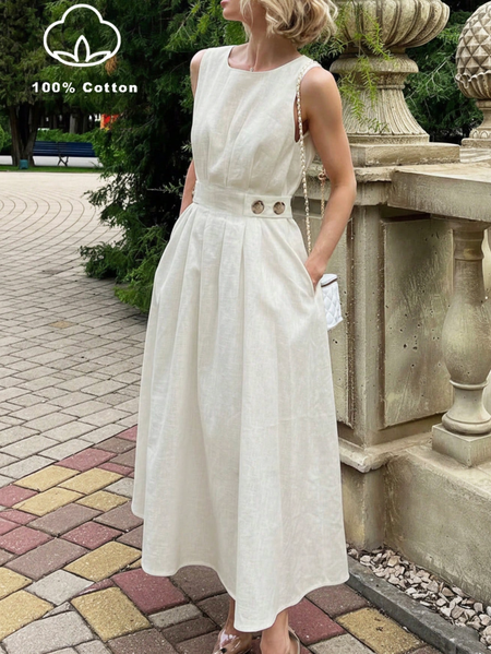 

Cotton Urban Plain Buttoned Crew Neck Midi Dress, White, Maxi Dresses