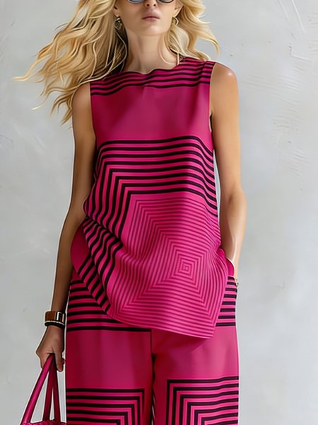 

Urban Geometric Stripe Sleeveless Top Loose Fit Lightweight Daily, Rose red, Tanks and Camis