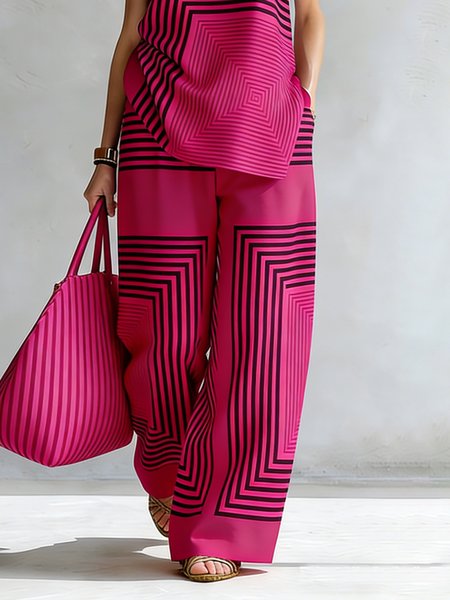 Urban Geometric Stripe Wide Leg Pants High Waist Flowy Office Trousers