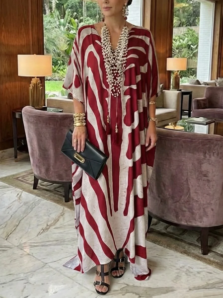 

Elegant Color Block Printing V Neck Maxi Dress, Red, Maxi Dresses