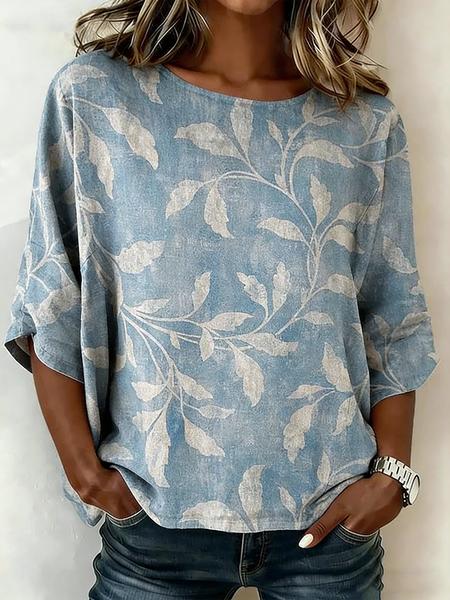 

Crew Neck Half Sleeve Leaf Lightweight Loose Shirt For Women, Blue, T-shirts