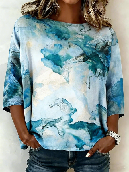 

Crew Neck Half Sleeve Gradient Pattern Lightweight Loose Shirt For Women, Blue, T-shirts