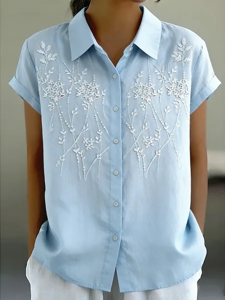 

Shawl Collar Short Sleeve 3D Printing Regular Regular Fit Shirt For Women, Blue, Shirts