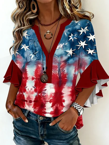 

V Neck Half Sleeve Ombre Regular Loose Shirt For Women, Blue, Blouses