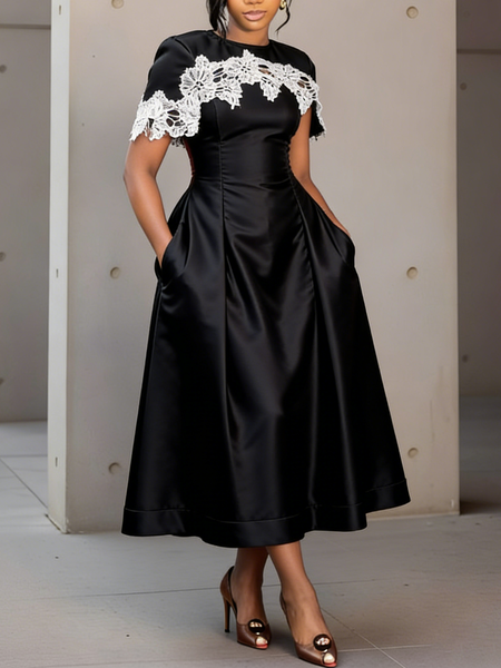 

Elegant Color Block Crew Neck Maxi Dress, Black, Cocktail Dresses