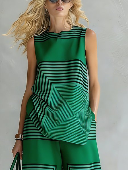 Plus Size Casual Striped Printing Crew Neck Tank Top