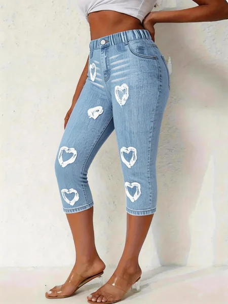 

Women Faux Denim Print Graphic Capris Elastic Waist Pants Casual Summer Trousers, Denim blue, Shorts
