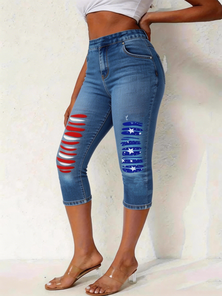

Women Independence Day (Flag) Capris Elastic Waist Pants Casual Summer Trousers, Blue, Shorts