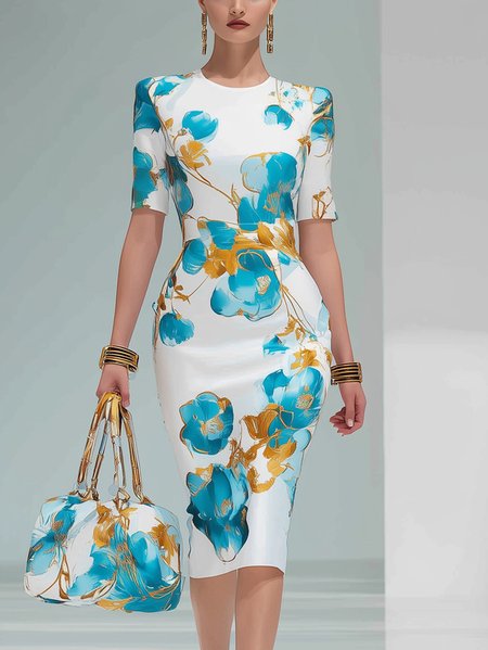 

Plus Size Elegant Floral Printing Crew Neck Midi Dress, Blue, Plus Dresses