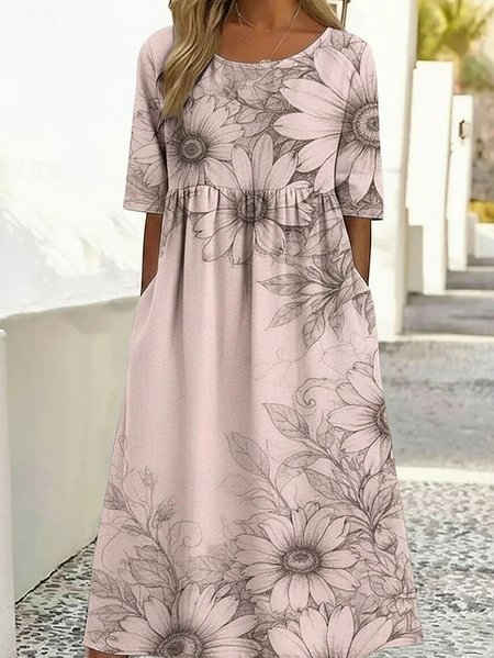 

Women Floral Summer Dress Crew Neck Half Sleeve A-Line Dress, Pink, Dresses