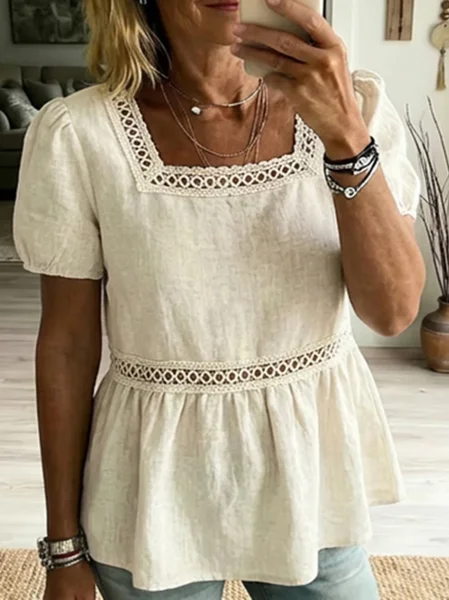 

Square Neck Short Sleeve Plain Regular Regular Fit Blouse For Women, Khaki, Shirts