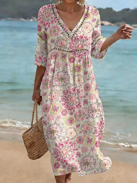Women Floral Summer Dress V Neck Short Sleeve Fit & Flare Dress A-Line Dress