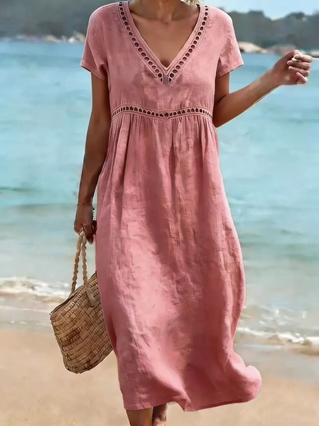 

Women Plain Summer Dress V Neck Short Sleeve Fit & Flare Dress A-Line Dress, Pink, Dresses