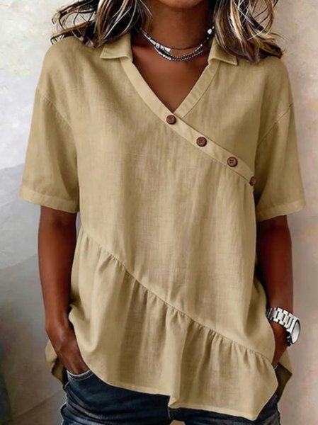 

V Neck Short Sleeve Plain Regular Regular Fit Shirt For Women, Yellow, Shirts