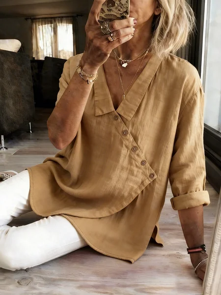 

V Neck Long Sleeve Plain Regular Loose Shirt For Women, Khaki, Shirts