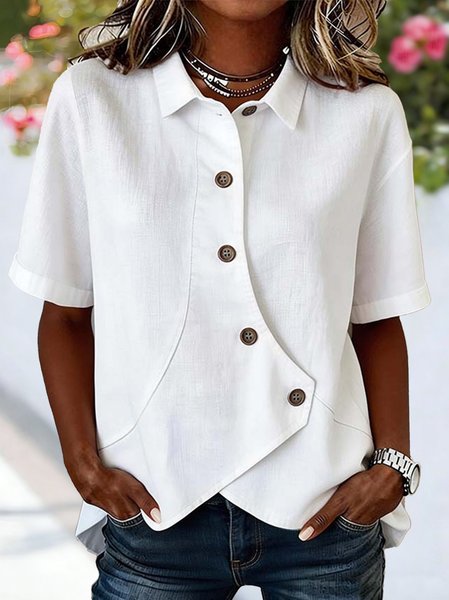 

Shawl Collar Short Sleeve Plain Regular Loose Shirt For Women, White, Shirts