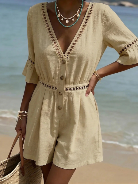 

Women Plain V Neck Short Sleeve Casual Summer Cotton And Linen Jumpsuit, Khaki, Jumpsuits&Rompers