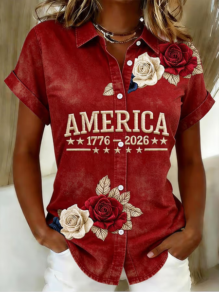 

Women Floral Shirt Collar Short Sleeve Shirt Printing Casual Daily Summer Top, Red, Shirts