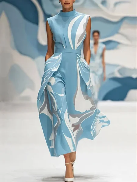 Elegant Abstract Printing Stand Collar Midi Dress