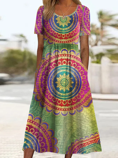 

Women Ethnic Short Sleeve Crew Neck Printing Dress Daily Casual Maxi Shift Dress H-Line Summer Dress, As picture, Casual Dresses