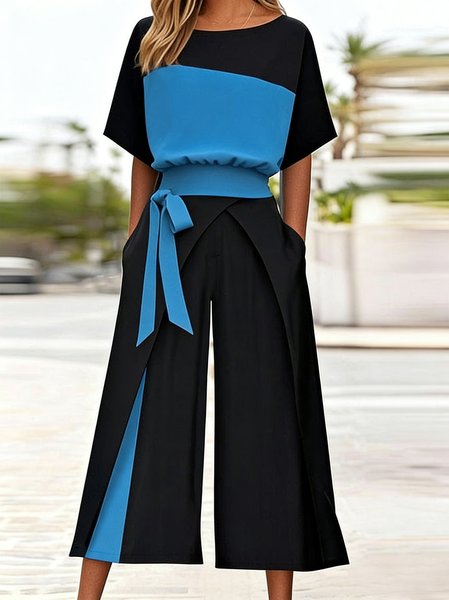 

Women Color Block Two-Piece Set Daily Short Sleeve Casual Summer Top With Pants Matching Set, Black-blue, Sets