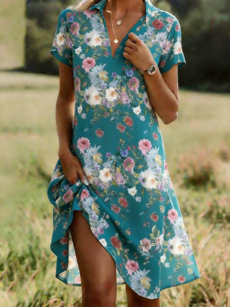 

Women Floral All Season Dress Shirt Collar Short Sleeve Shirt Dress A-Line Dress, Color1, Dresses