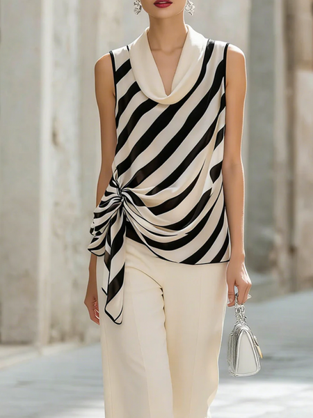 Elegant Striped Cowl Neck Blouse