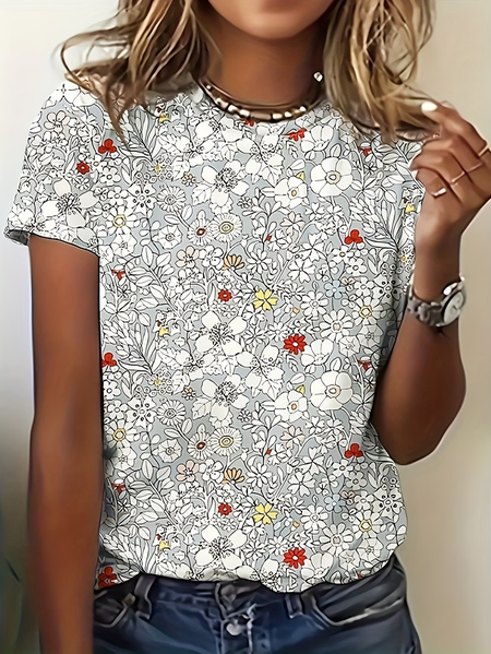 

Casual Floral Crew Neck Short Sleeve T-shirt, White, T-shirts