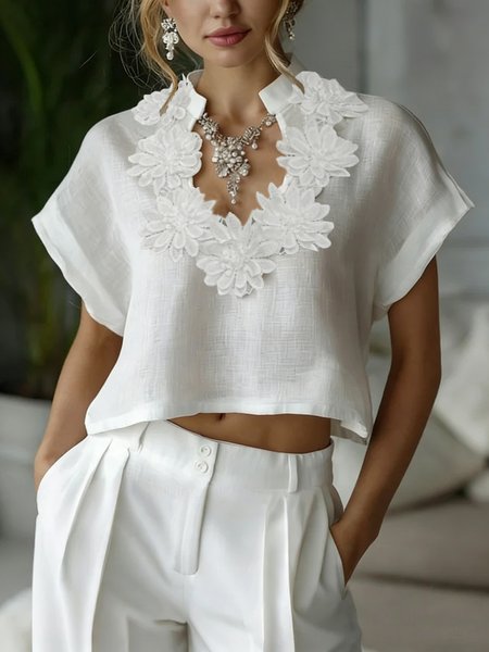 Cotton And Linen Casual Plain Stand Collar Blouse