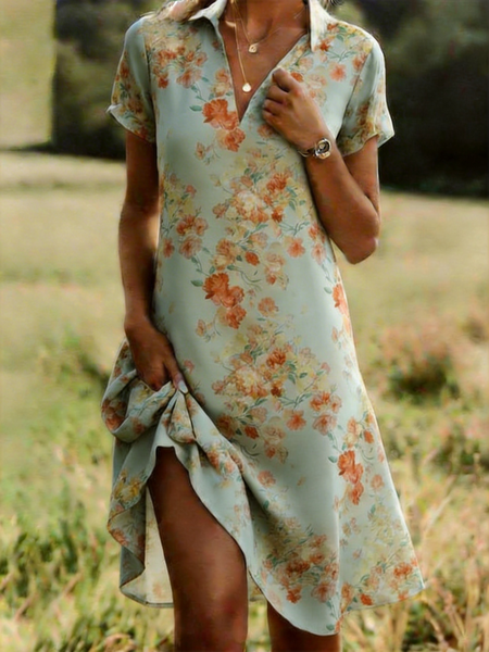 

Women Floral All Season Dress Shirt Collar Short Sleeve Shirt Dress A-Line Dress, Color3, Dresses