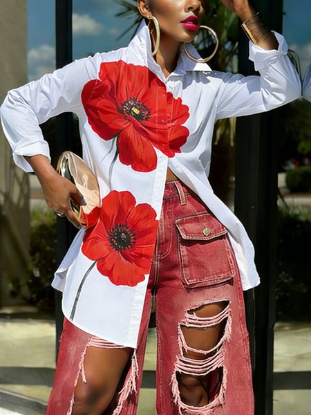 Casual Floral Printing Shirt Collar Shirt