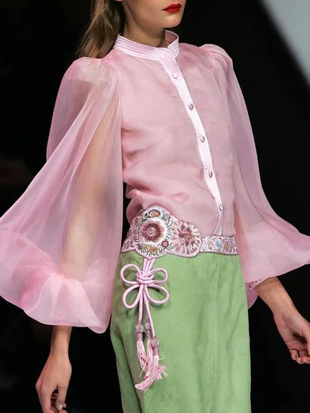 

Elegant Plain Stand Collar Balloon Sleeve Shirt, Pink, Blouses and Shirts