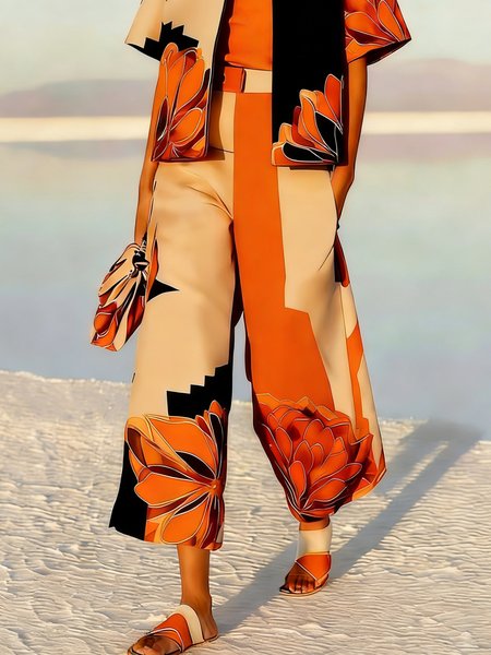 

Casual Floral Printing Wide Leg Pants, Orange, Pants