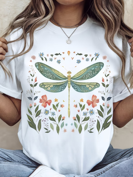 

Women Dragonfly Short Sleeve Tee T-shirt Crew Neck Printing Casual Graphic Tee Summer Top, White, T-Shirts