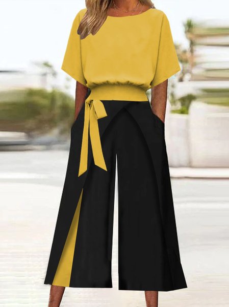 

Women Plain Two-Piece Set Daily Short Sleeve Vintage Summer Top With Pants Matching Set, Yellow, Sets