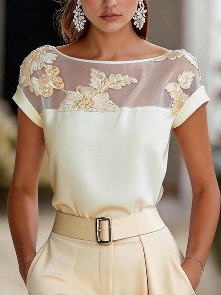 Satin Elegant Plain Crew Neck Mesh Patchwork Blouse