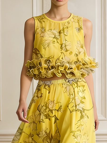 

Elegant Floral Peplum Lotus Leaf Collar Blouse, As picture, Blouses and Shirts