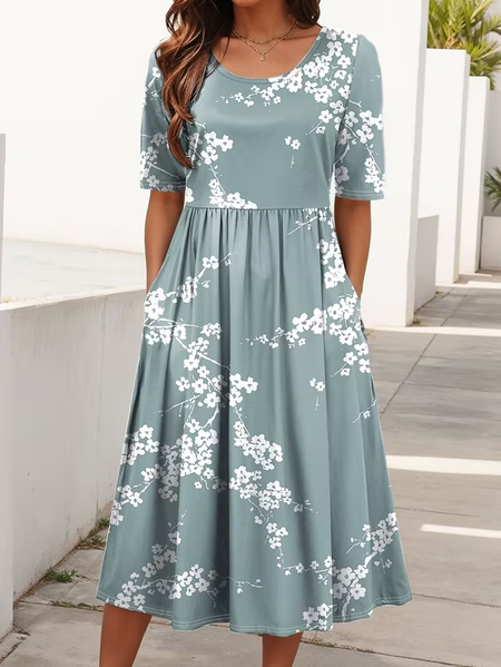 

Women Floral Short Sleeve Crew Neck Printing Dress Daily Casual Maxi Shift Dress H-Line Summer Dress, Grey-blue, Casual Dresses