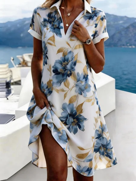

Women Floral All Season Dress Shirt Collar Short Sleeve Shirt Dress A-Line Dress, Color1, Dresses