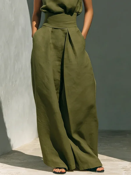 

Cotton Casual Plain Wide Leg Pants, Green, Pants
