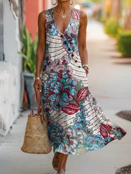

Women Abstract Summer Dress V Neck Sleeveless Fit & Flare Dress A-Line Dress, Color3, Dresses