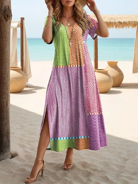 

Women Striped Short Sleeve Crew Neck Printing Dress Daily Casual Maxi T-Shirt Dress H-Line Summer Dress, As picture, Casual Dresses