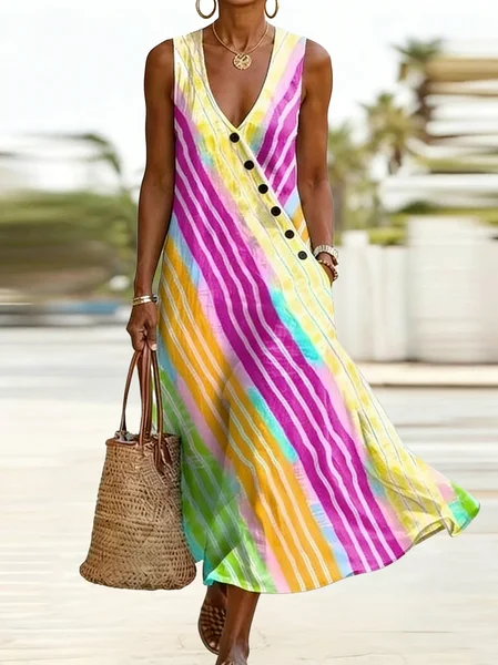 

Women Striped Summer Dress V Neck Sleeveless Fit & Flare Dress A-Line Dress, As picture, Dresses